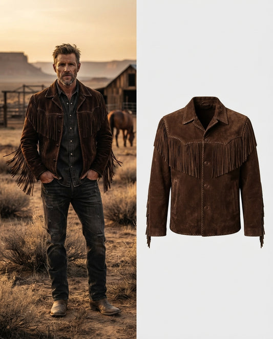 Men's Brown Suede Braided Vintage Western Jacket in brown — jacket product image