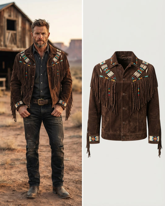 Men's Traditional Western Jacket with Bone, Beads & Braided Fringes in brown — jacket product image
