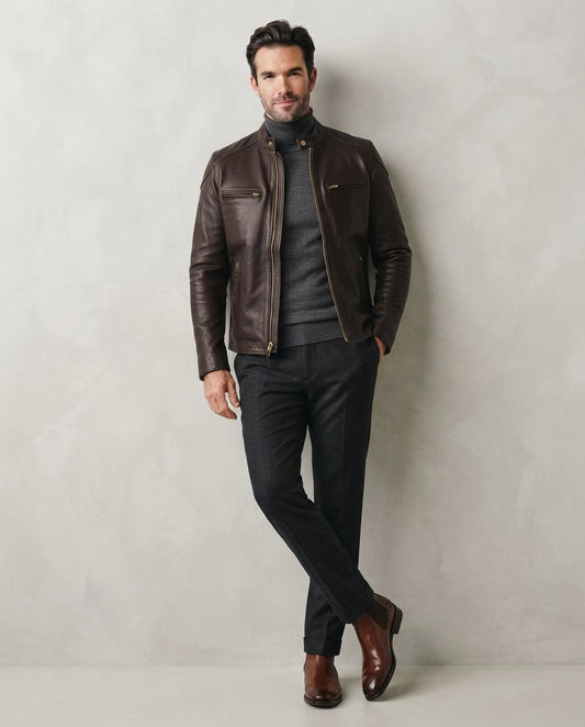 Men wearing Men Classic Leather Cafe Racer Jacket Brown