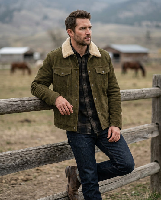 Man wearing Shearling-Collar Suede Western Trucker rt ranch
