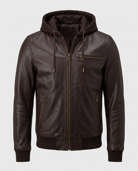 Men_s Hooded Insulated Leather Bomber Jacket Brown