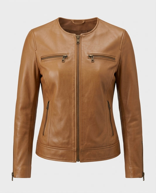 Women_s Cafe Racer Leather Jacket Camel