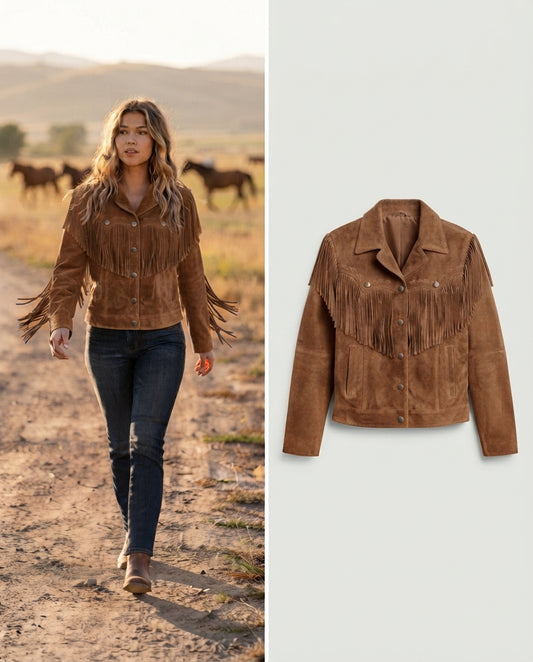 Women's Blue Suede Fringe Western Jacket in brown — jacket product image