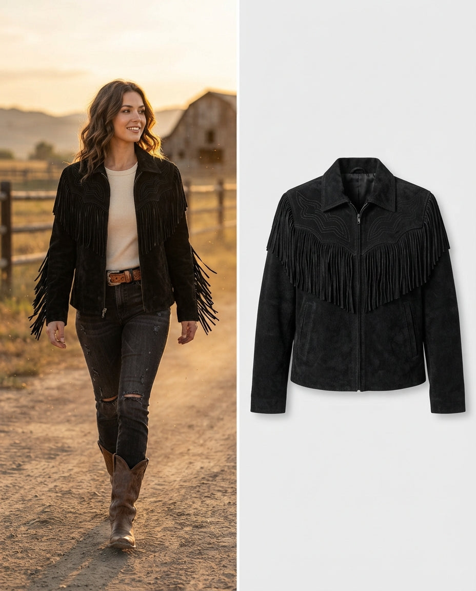 Women's Handmade Suede Fringe Jacket – Gift for Her in black — jacket product image