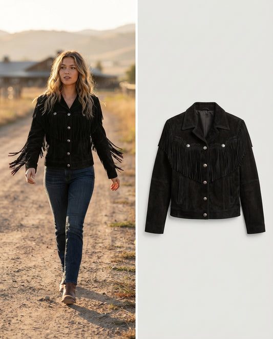 Women's Red Suede Fringe Western Jacket in black — jacket product image