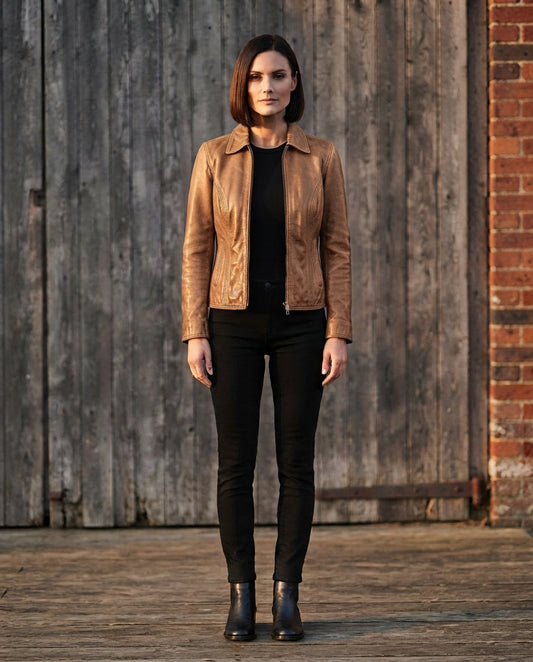 A woman stands in front of a weathered wooden barn door wearing a tan leather jacket, black top, black skinny pants, and black ankle boots.