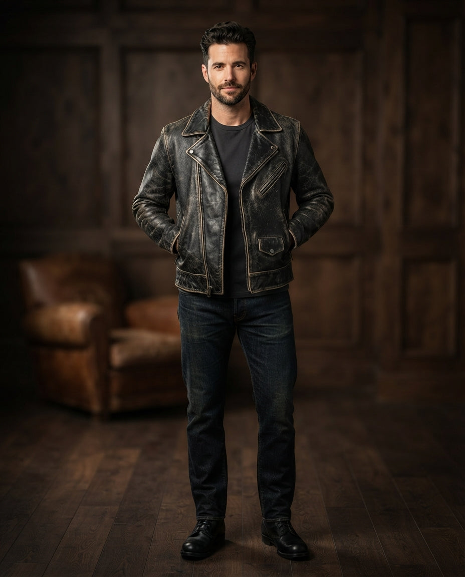 Men's black hand-distressed vintage leather jacket, full body view – The Drifter