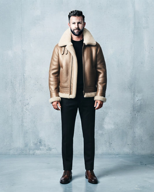 Men's bronze leather shearling jacket with oversized cream shearling collar, full body view, The Frontier Bronze