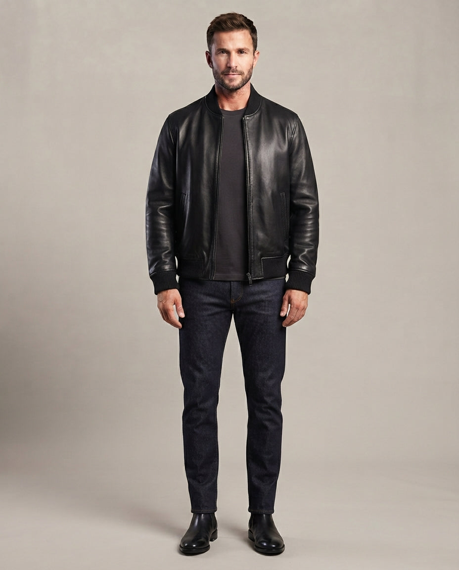 Men's black leather bomber jacket with ribbed collar, cuffs and hem, full body view, The Maverick Black