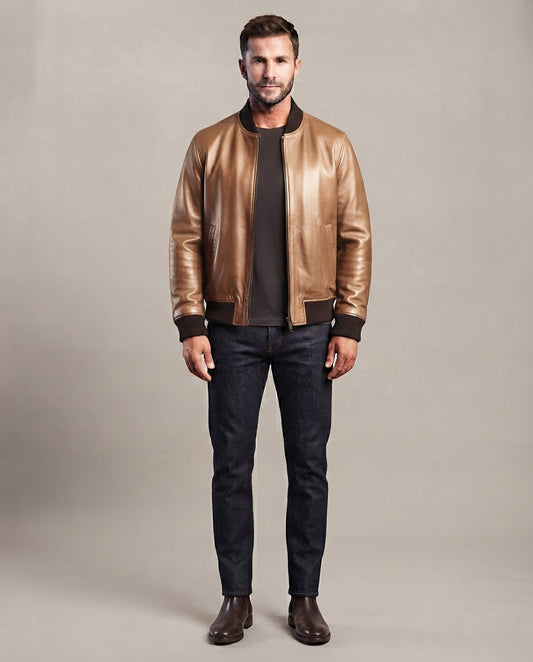 Men's bronze leather bomber jacket with ribbed collar, cuffs and hem, full body view, The Maverick Bronze