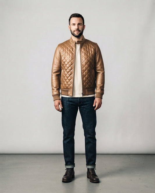 Men's bronze diamond quilted buffalo leather bomber jacket with ribbed hem and cuffs, full body view