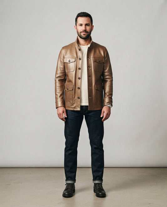 Men's bronze leather stand collar jacket with button front and flap pockets, full body view