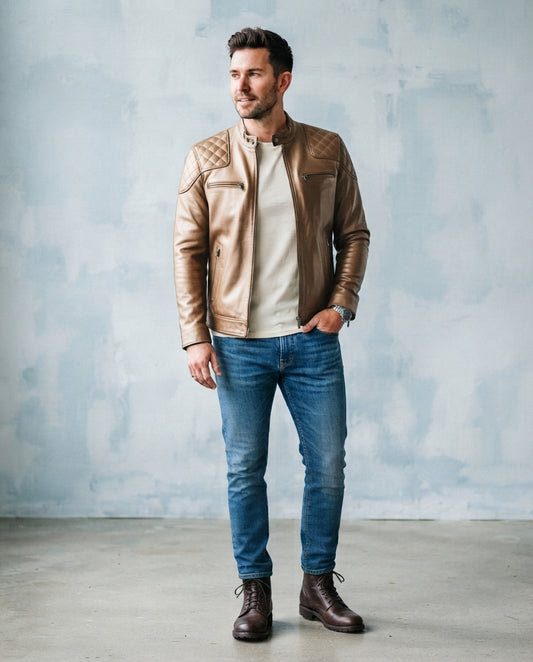 A man wearing a tan leather moto jacket with quilted shoulder details, a cream t-shirt, blue jeans, and brown leather boots, standing against a textured light blue-gray wall.