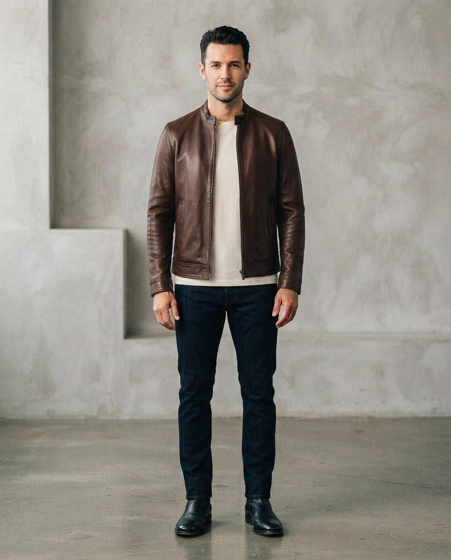 Men's brown collarless café racer leather jacket with slim fit and snap cuffs, full body view, The Recon Brown