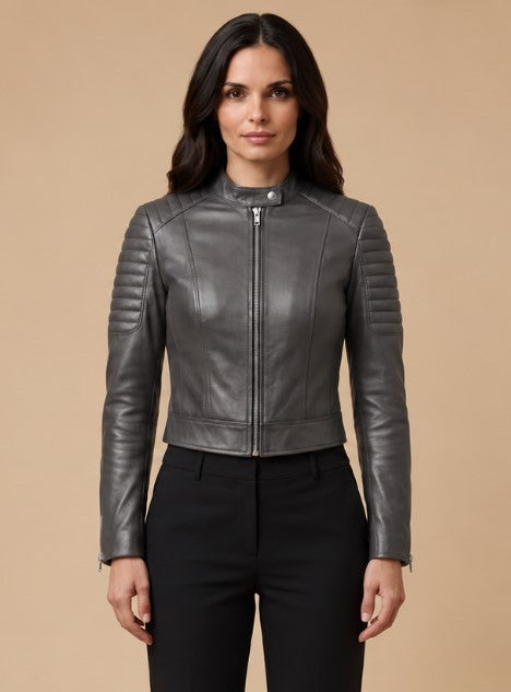 women wearing vixen gray leather jacket