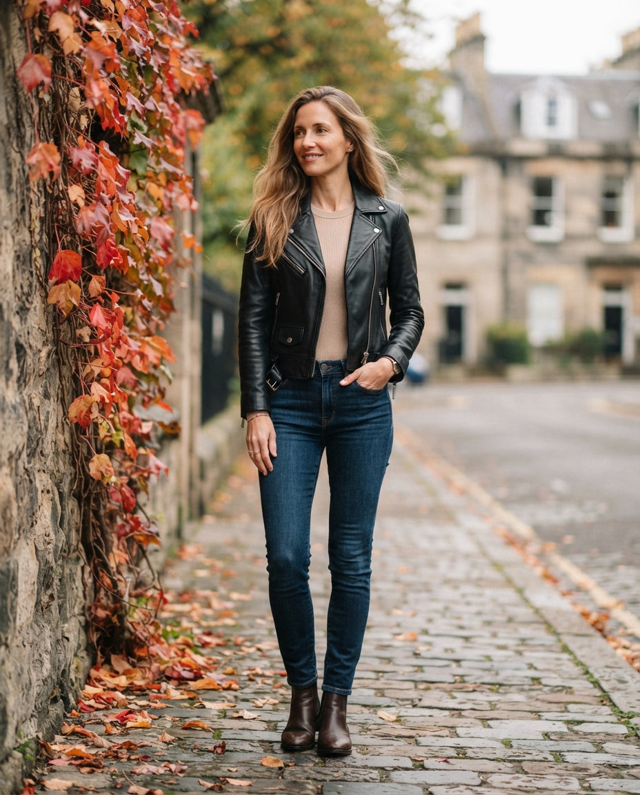 Women's black leather biker jacket, slim fit with front zip and zip pockets