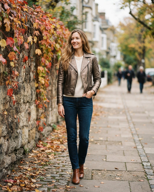Women's bronze leather biker jacket, slim fit with front zip and zip pockets