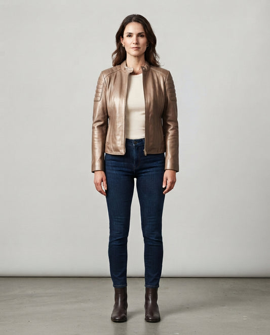 Women's bronze sheepskin leather stand collar jacket with front zip, full body view