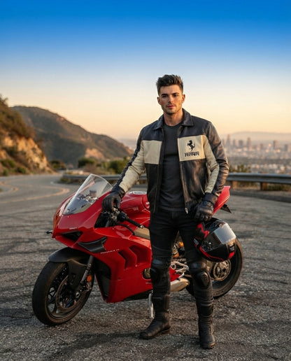 model standing with bike and wearing Biker jacket black