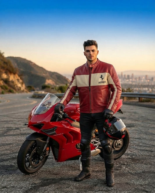 model standing with bike and wearing Biker jacket red
