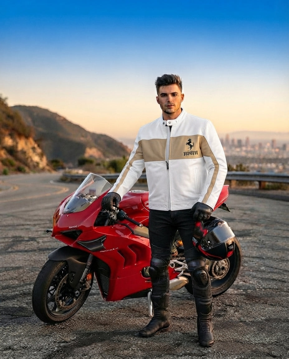wearing by model Biker jacket white and standing with bike 