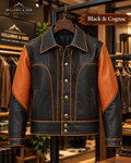 Jacket at show room -Black and Cognac Leather Jacket show case