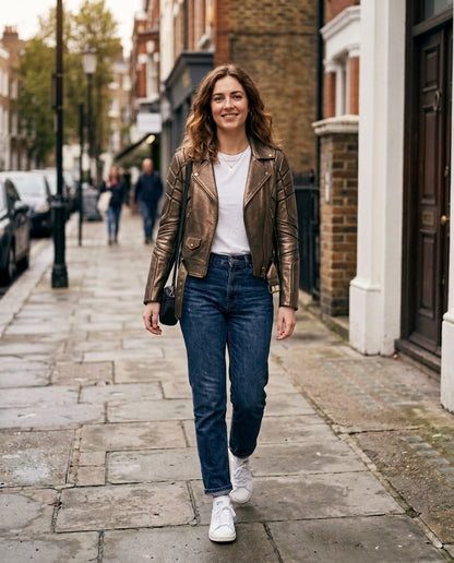 A woman in her late 20s wearing a fitted Bronze leather biker jacket with a white tee and blue jeans
