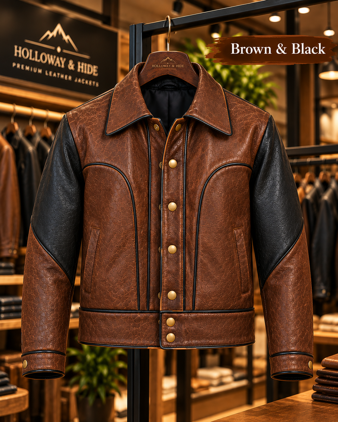 Jacket at show room - Brown and Black Leather Jacket show case