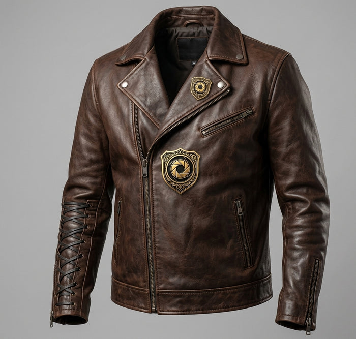 A dark brown distressed leather motorcycle jacket with gold-toned shield-shaped metal badges on the chest and sleeve, shown against a solid gray background.
