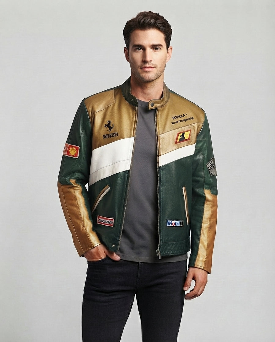 young man wearing Forest Green -Tan - White - strip racing jacket