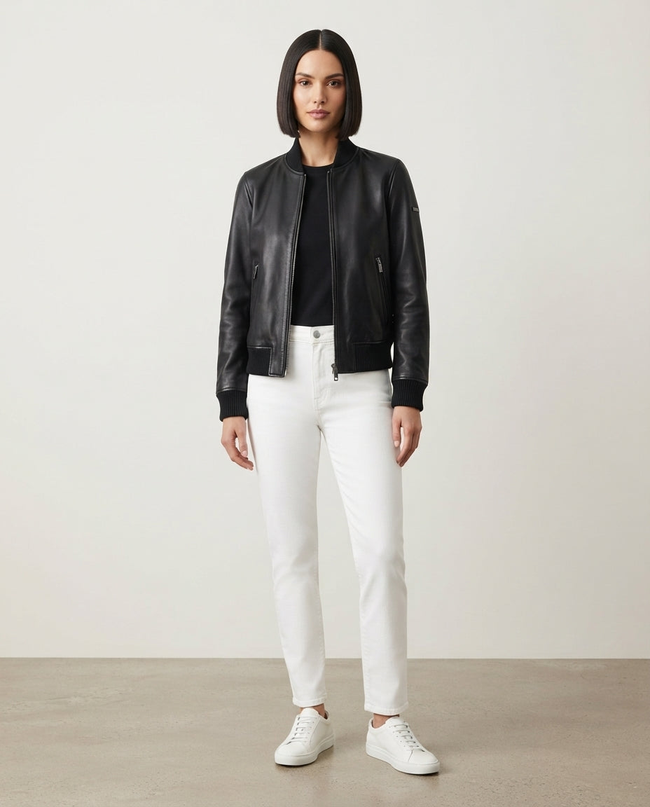 Women's Classic Leather Bomber Jacket – The Lexi — jacket product image