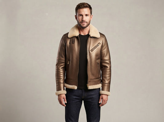 A man wearing a metallic bronze-brown leather aviator jacket with a cream shearling collar and cuffs, styled over a black t-shirt and dark blue jeans, standing against a neutral gray studio background.