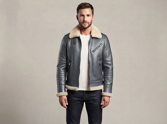 A man wearing a dark gray leather aviator jacket with a cream shearling collar and lining, styled over a white t-shirt and dark jeans, standing against a neutral beige background.