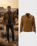 Men_sBlack Native American Buckskin Fringe Jacket-Bronze standing near ranch