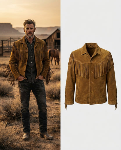 Men_sBlack Native American Buckskin Fringe Jacket-Bronze standing near ranch