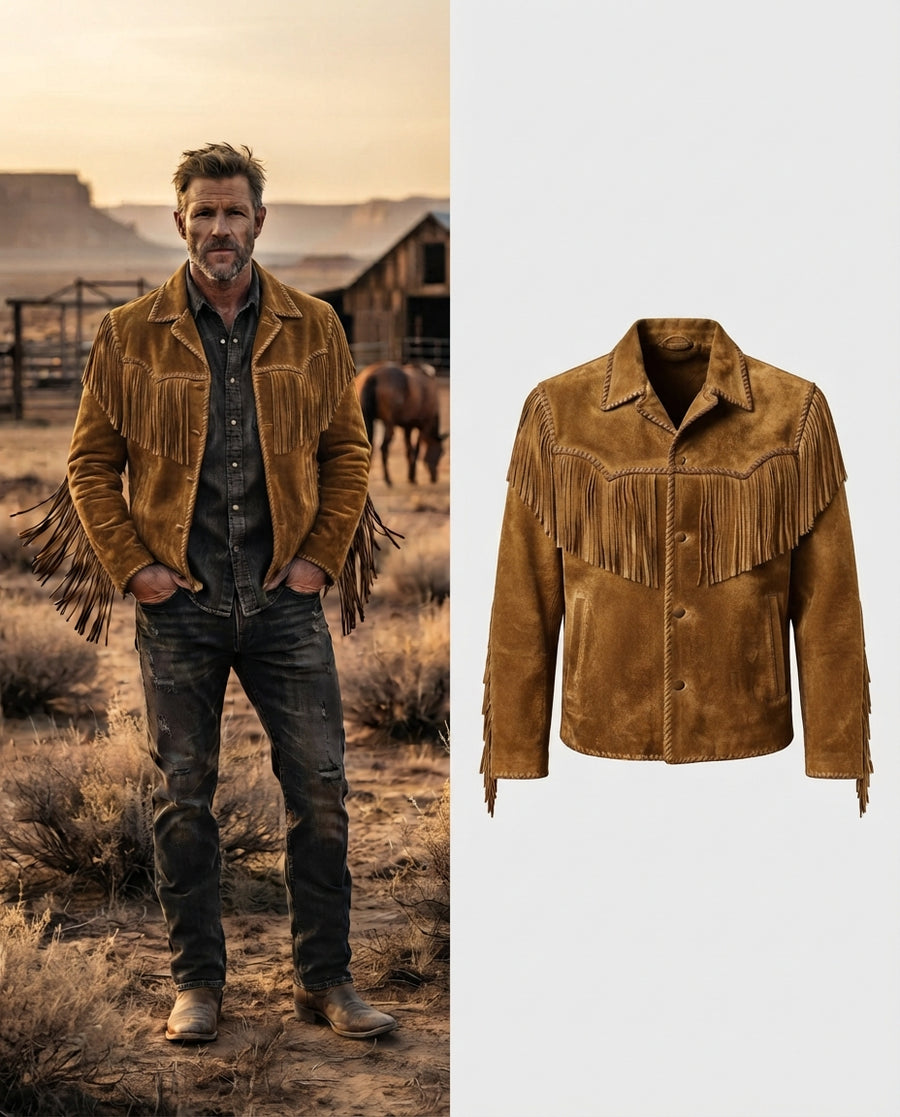 Men's Brown Suede Braided Vintage Western Jacket — jacket product image