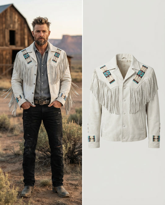 Men's Traditional Western Jacket with Bone, Beads & Braided Fringes — jacket product image