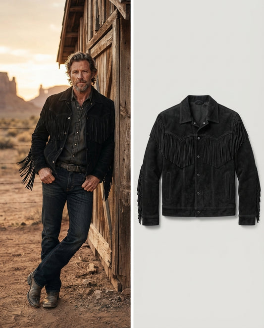 Men's Black Suede Western Cowboy Fringe Jacket brings frontier style to everyday wear
