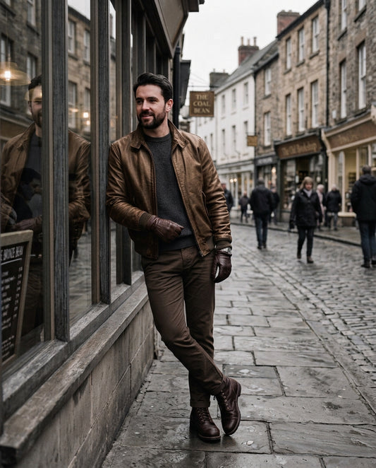 A man wearing a bronze leather jacket, black sweater, brown trousers, and brown leather shoes stands on a cobblestone street next to a shop window.