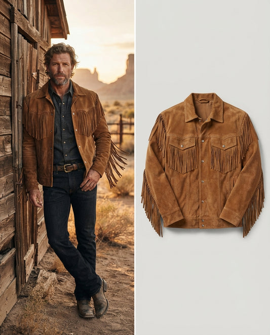 Men's Bronze Suede Western Cowboy Fringe Jacket brings frontier style to everyday wear