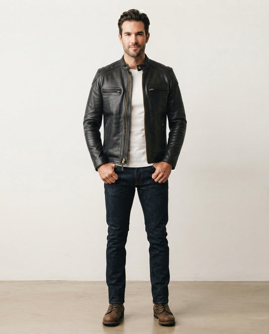 Men Leather Cafe Racer Jacket Black 