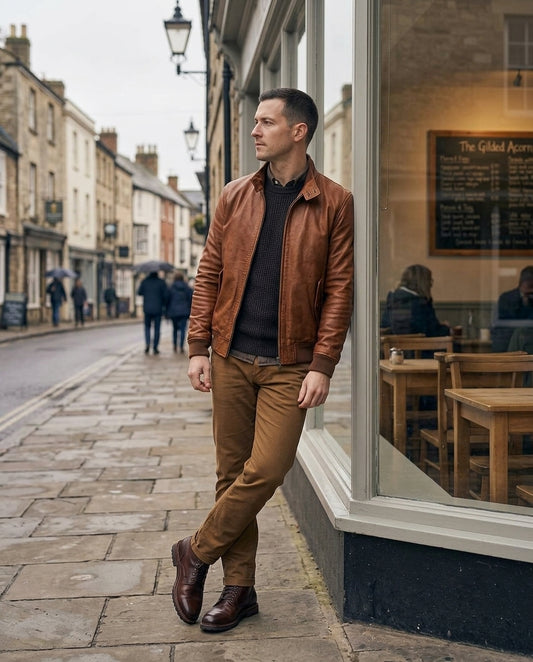 A man wearing a brown leather jacket, black sweater, brown trousers, and brown leather shoes stands on a cobblestone street next to a shop window.