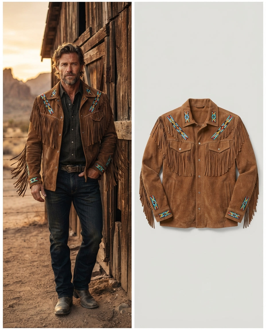 Men_s Rock a billy Buck skin Western Jacket with Fringes_Bead-Bronze