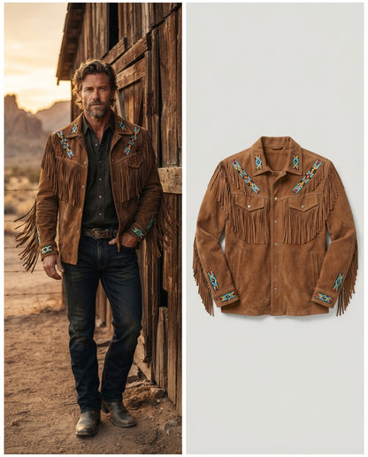 Men_s Rock a billy Buck skin Western Jacket with Fringes_Bead-Bronze