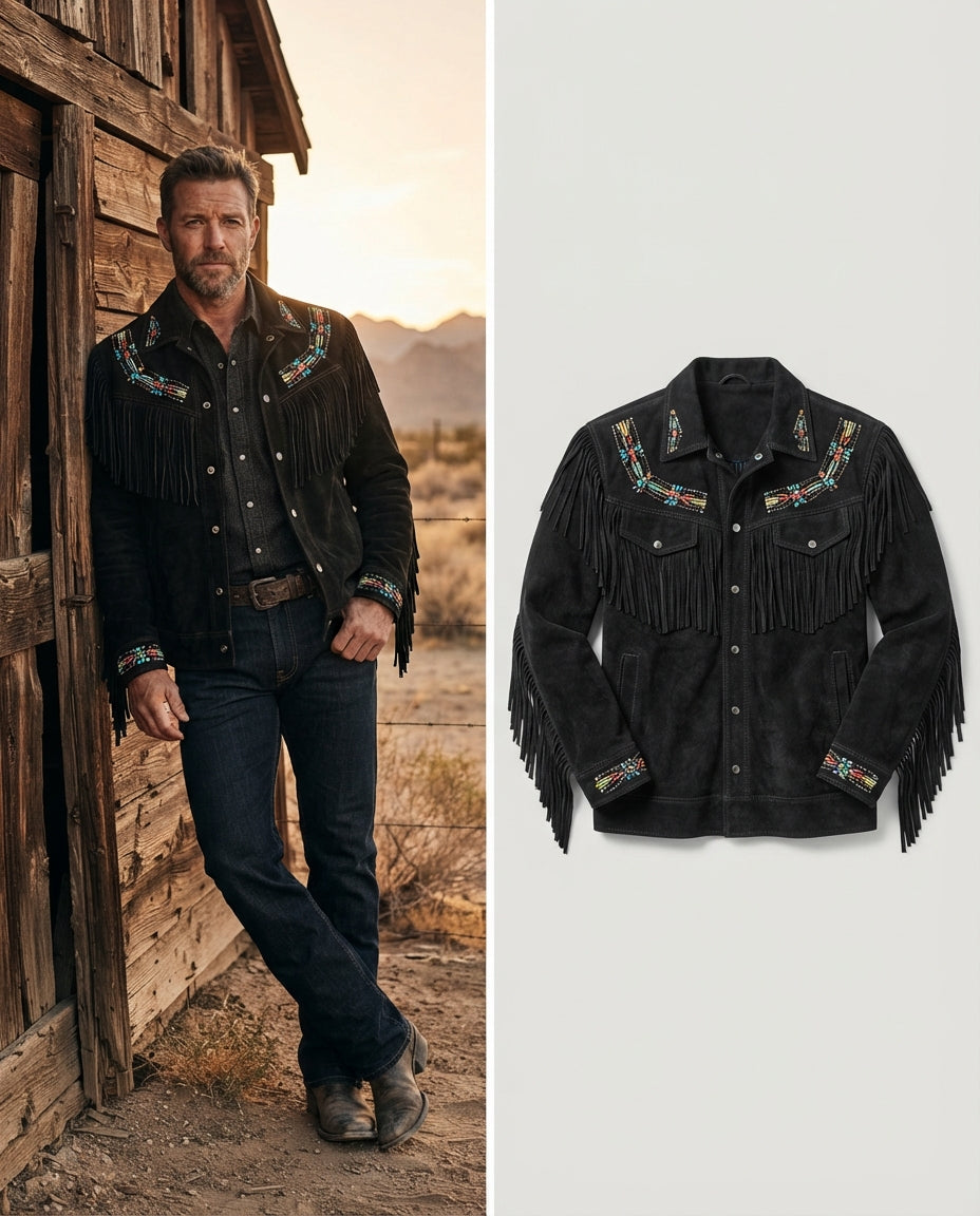A split image showing a man wearing a black suede fringe western jacket with colorful embroidered details on the left, and the same jacket displayed flat on a light gray background on the right.