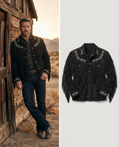 A split image showing a man wearing a black suede fringe western jacket with colorful embroidered details on the left, and the same jacket displayed flat on a light gray background on the right.