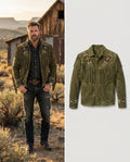 Man wearing fringe western jacket Olive green 