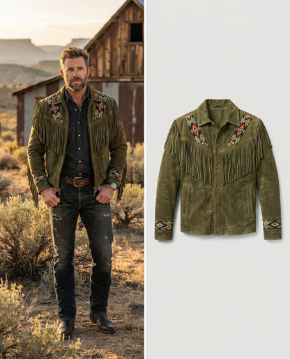Man wearing fringe western jacket Olive green 