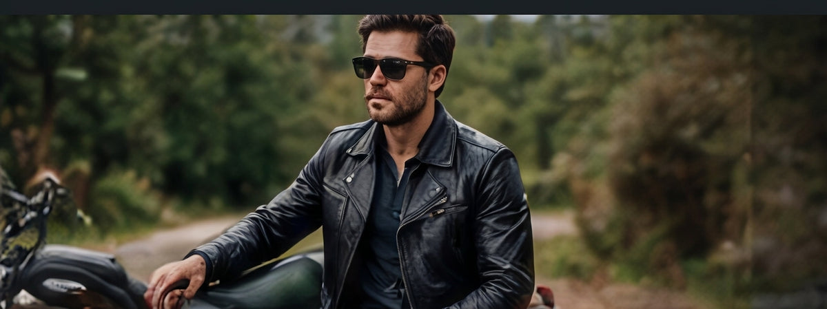 A man wearing a black leather jacket and dark sunglasses sits on a motorcycle on a forest road.