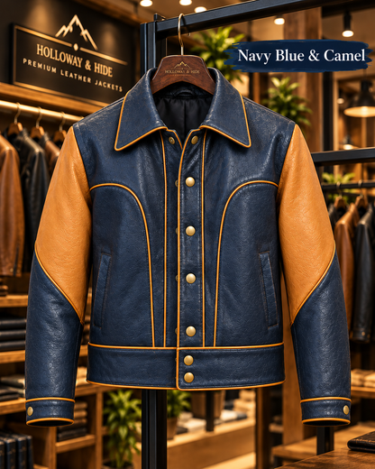 Jacket at showroom -Navy and Camel Leather Jacket Show case